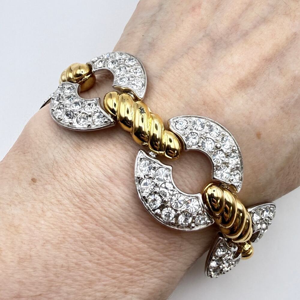 Vintage Nolan Miller Gold & Silver Tone Pave Crystal Chain Link Bracelet 7 1/4"